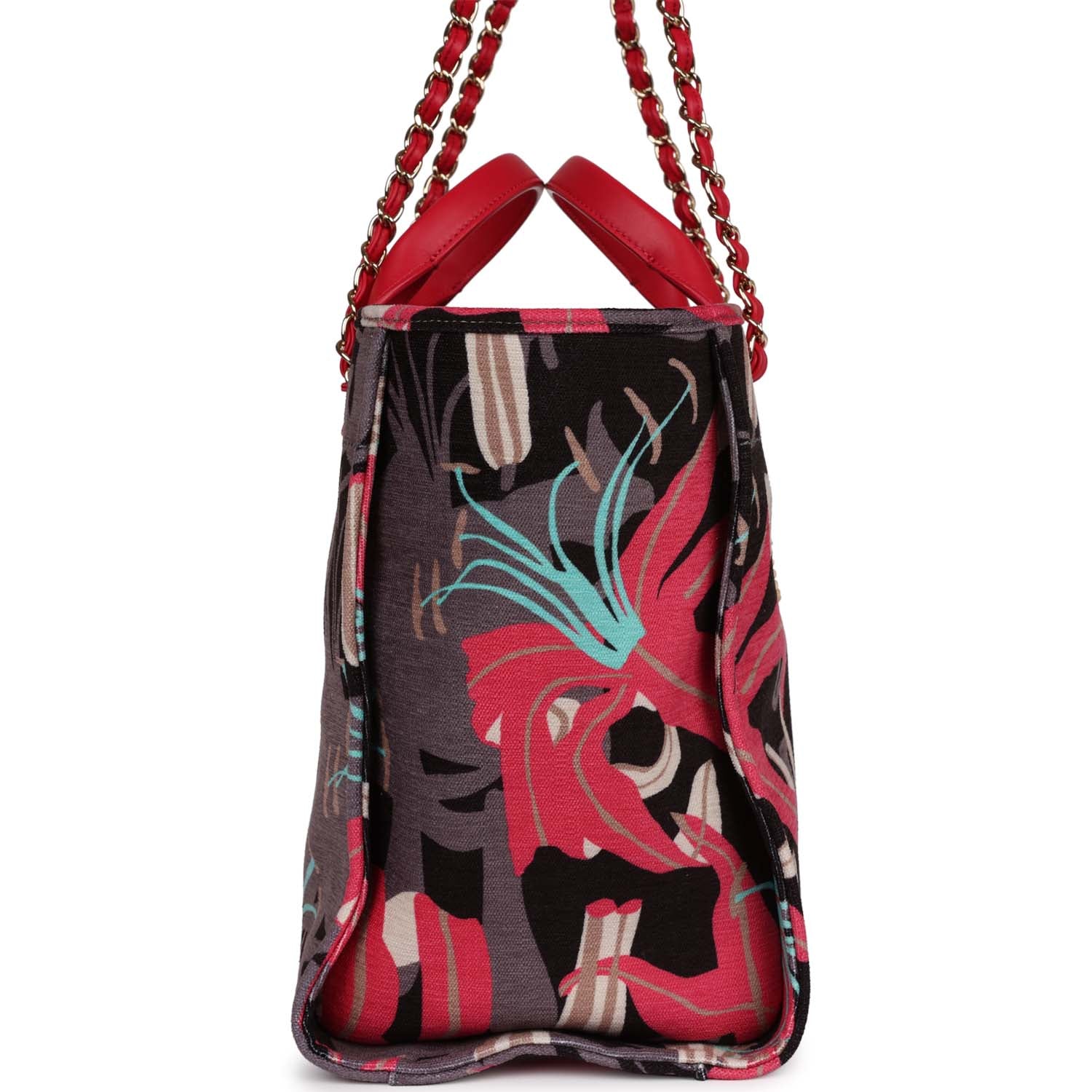 Medium Deauville Shopping Tote Grey and Pink Tropical Floral Velvet Light Gold Hardware