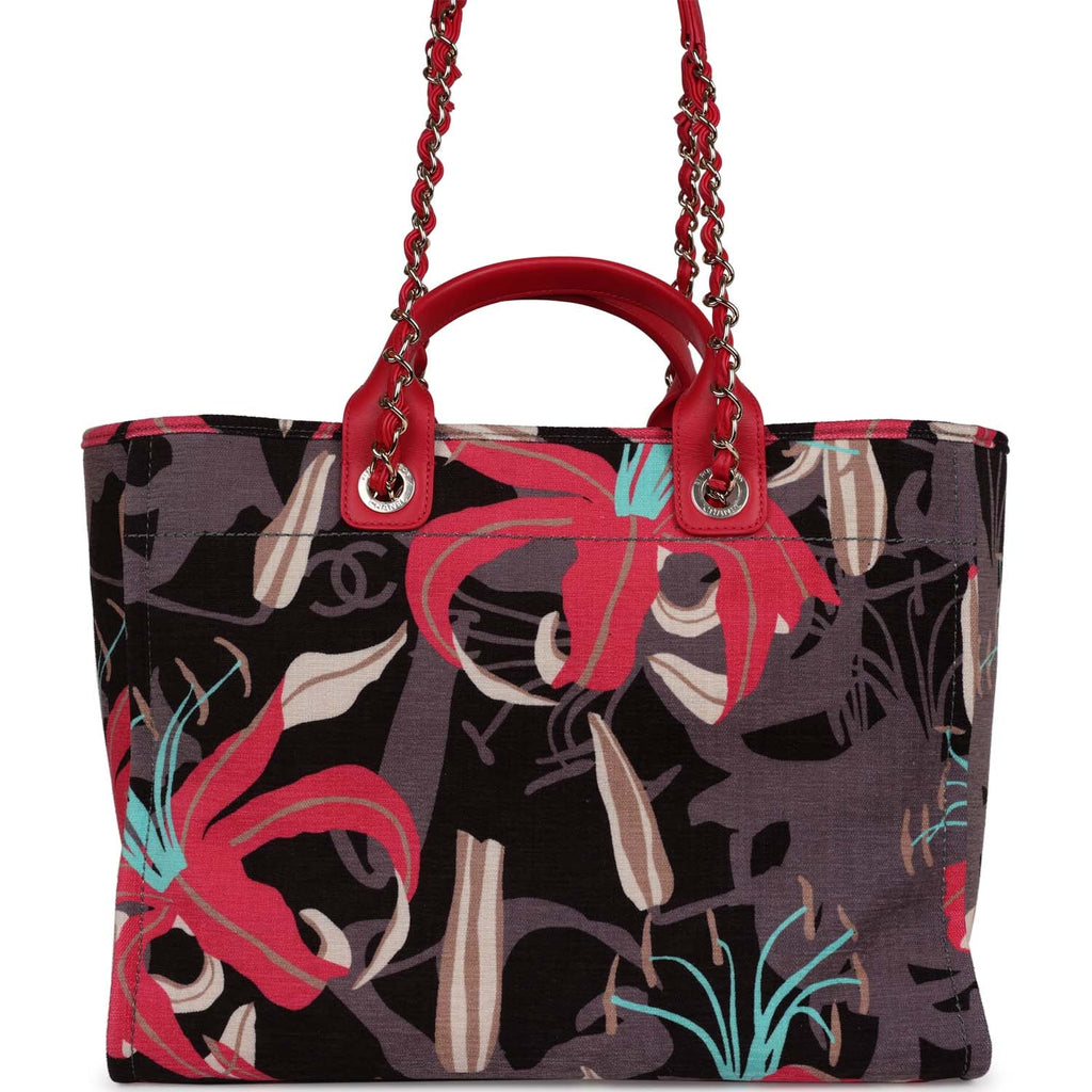 Medium Deauville Shopping Tote Grey and Pink Tropical Floral Velvet Light Gold Hardware