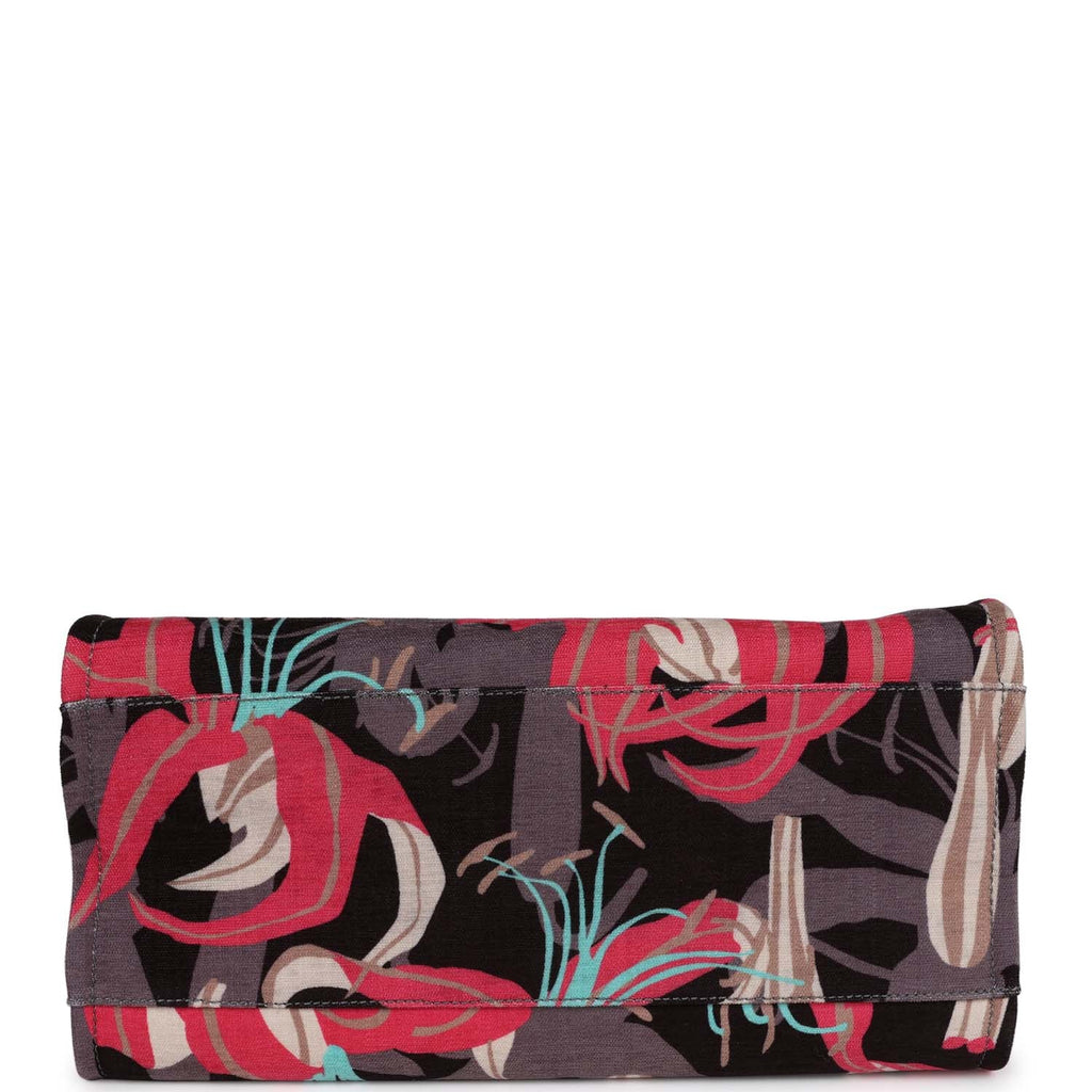 Medium Deauville Shopping Tote Grey and Pink Tropical Floral Velvet Light Gold Hardware