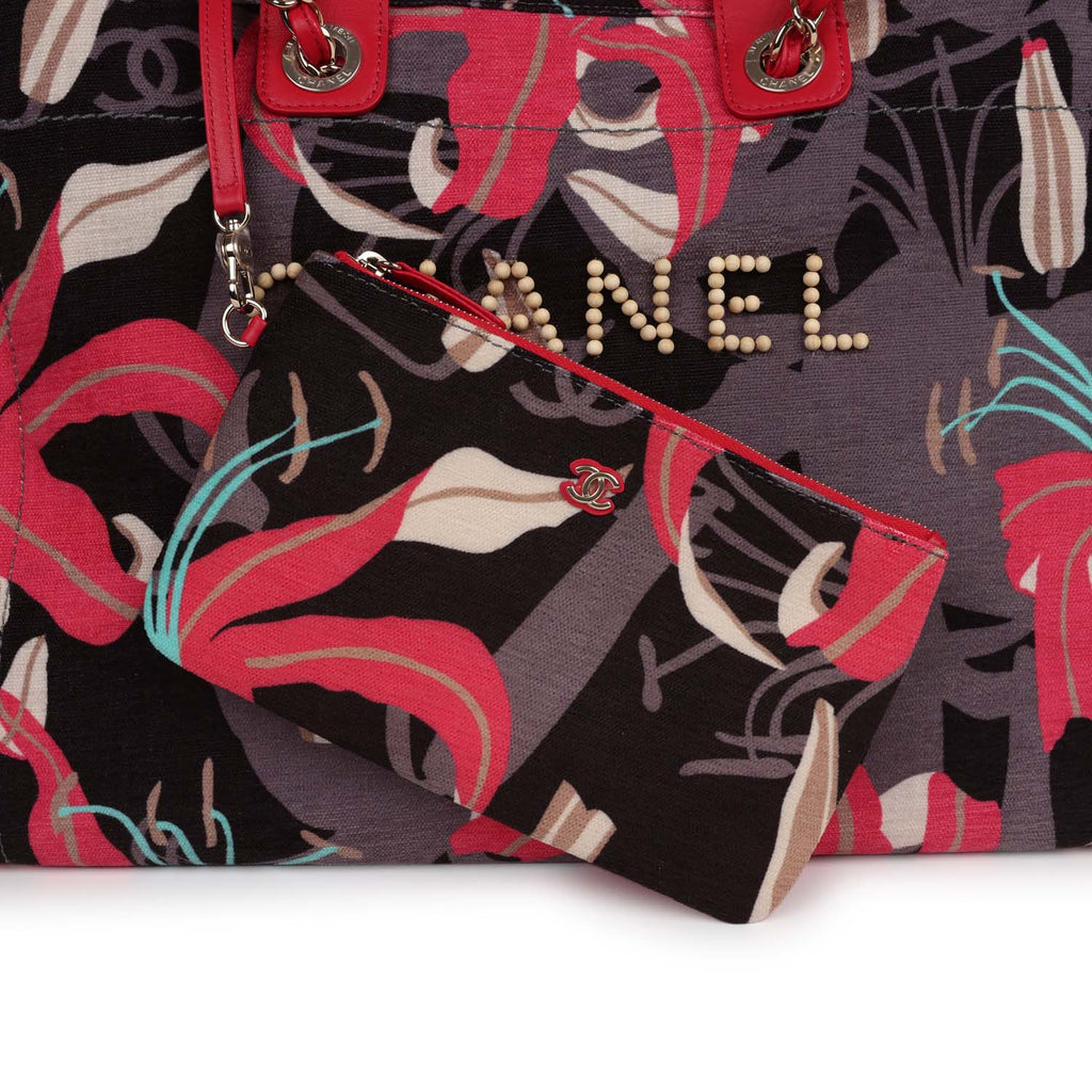 Medium Deauville Shopping Tote Grey and Pink Tropical Floral Velvet Light Gold Hardware
