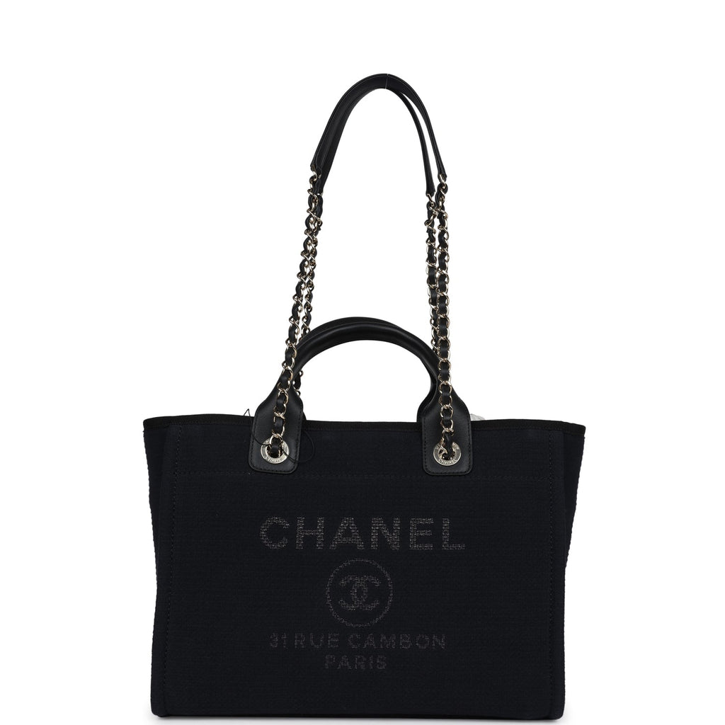 Small Deauville Shopping Tote Black Canvas Light Gold Hardware