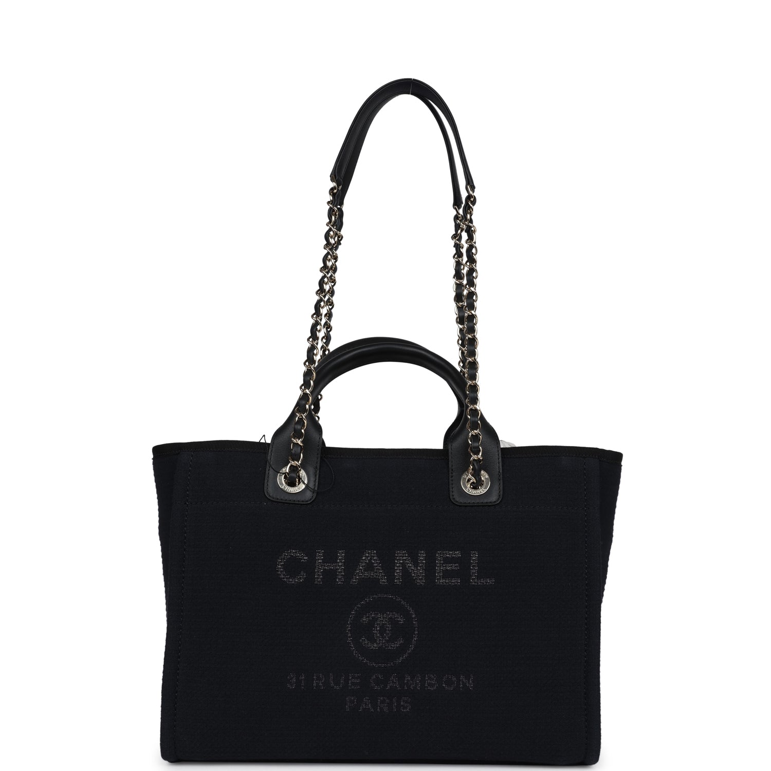 Small Deauville Shopping Tote Black Canvas Light Gold Hardware
