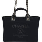 Small Deauville Shopping Tote Black Canvas Light Gold Hardware