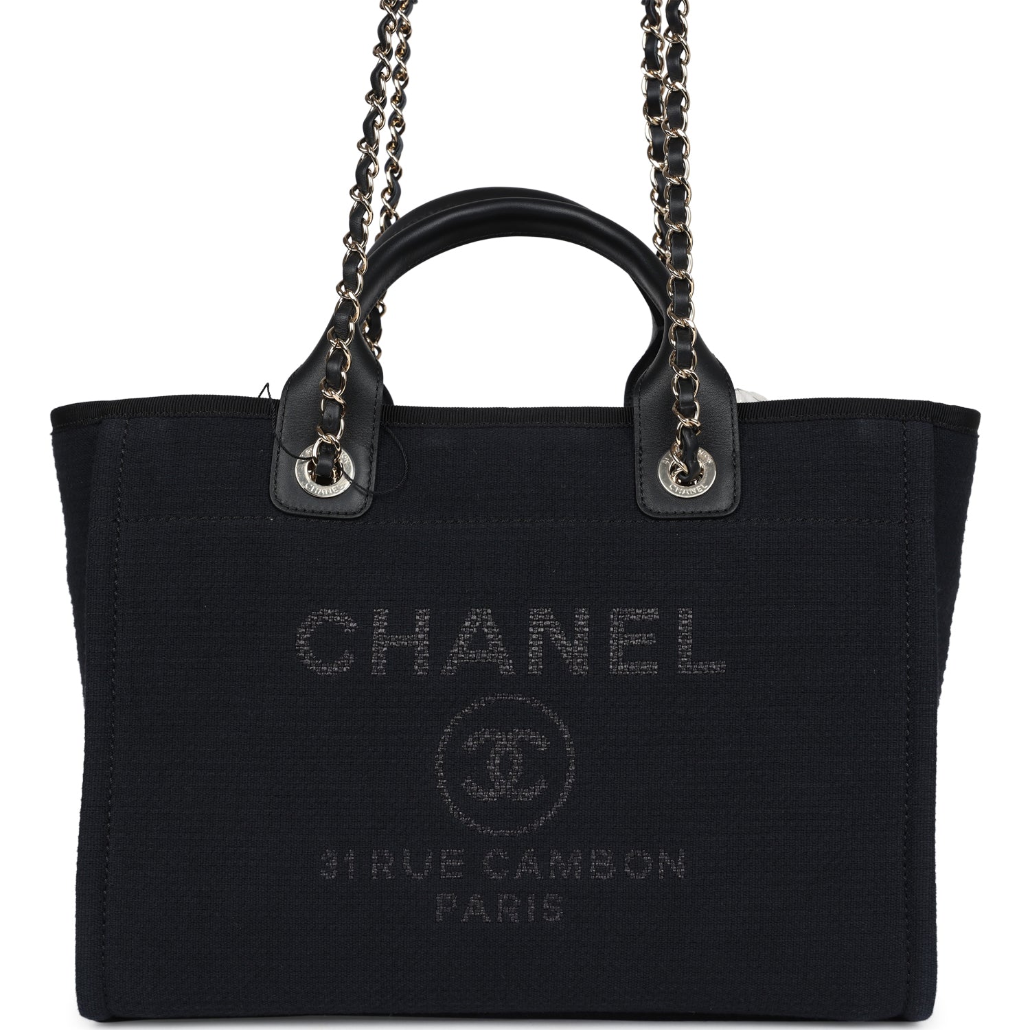 Small Deauville Shopping Tote Black Canvas Light Gold Hardware