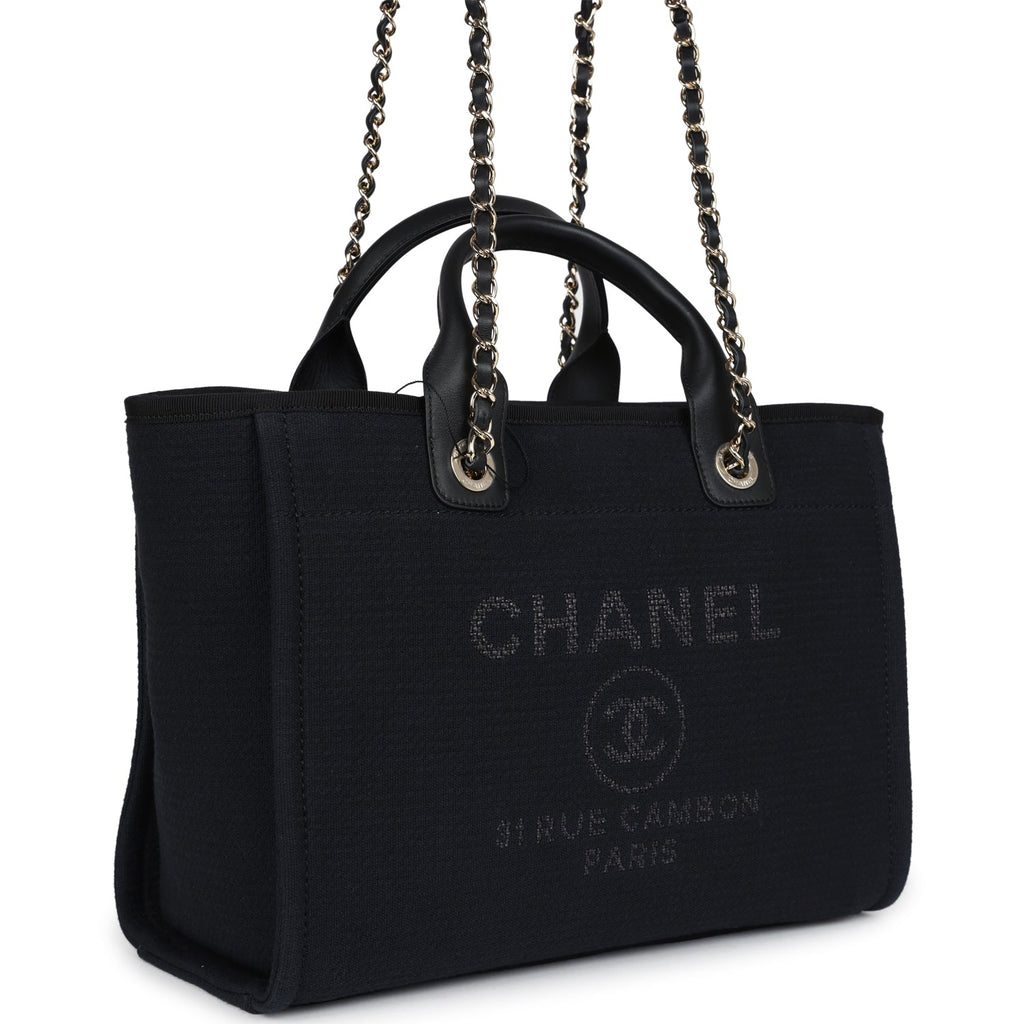 Small Deauville Shopping Tote Black Canvas Light Gold Hardware