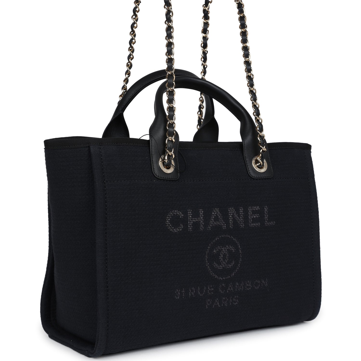 Small Deauville Shopping Tote Black Canvas Light Gold Hardware