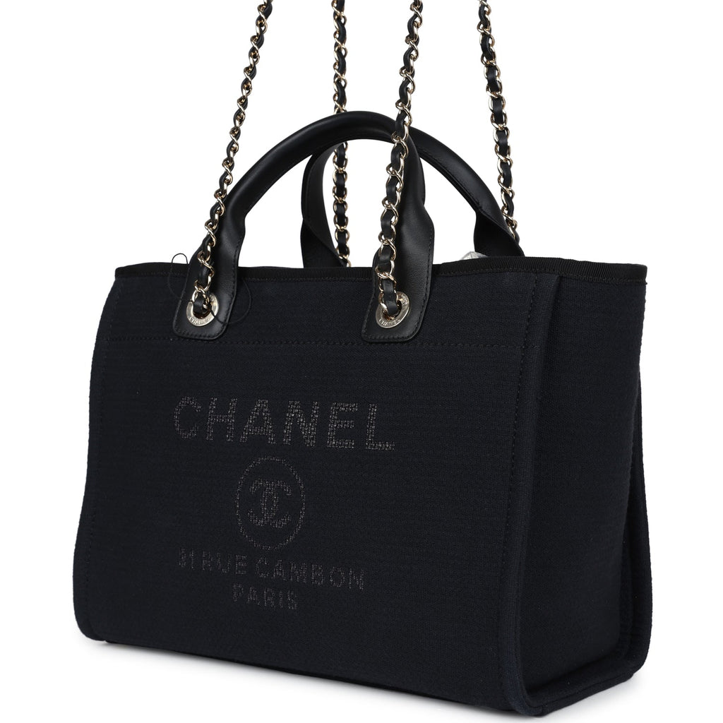 Small Deauville Shopping Tote Black Canvas Light Gold Hardware
