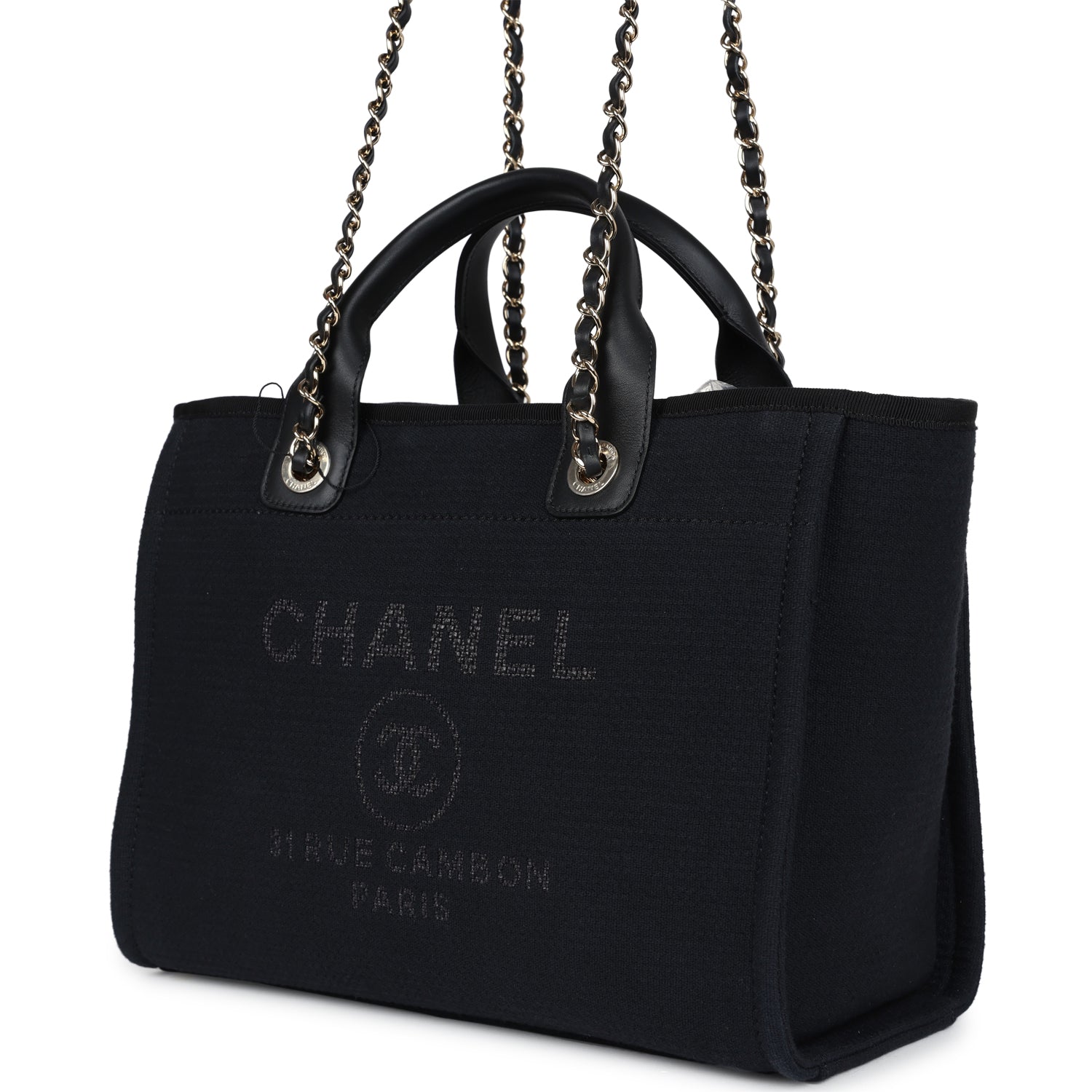 Small Deauville Shopping Tote Black Canvas Light Gold Hardware