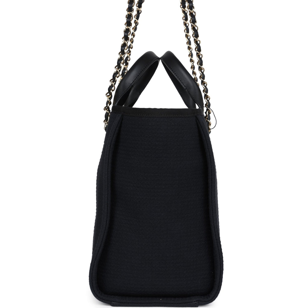 Small Deauville Shopping Tote Black Canvas Light Gold Hardware