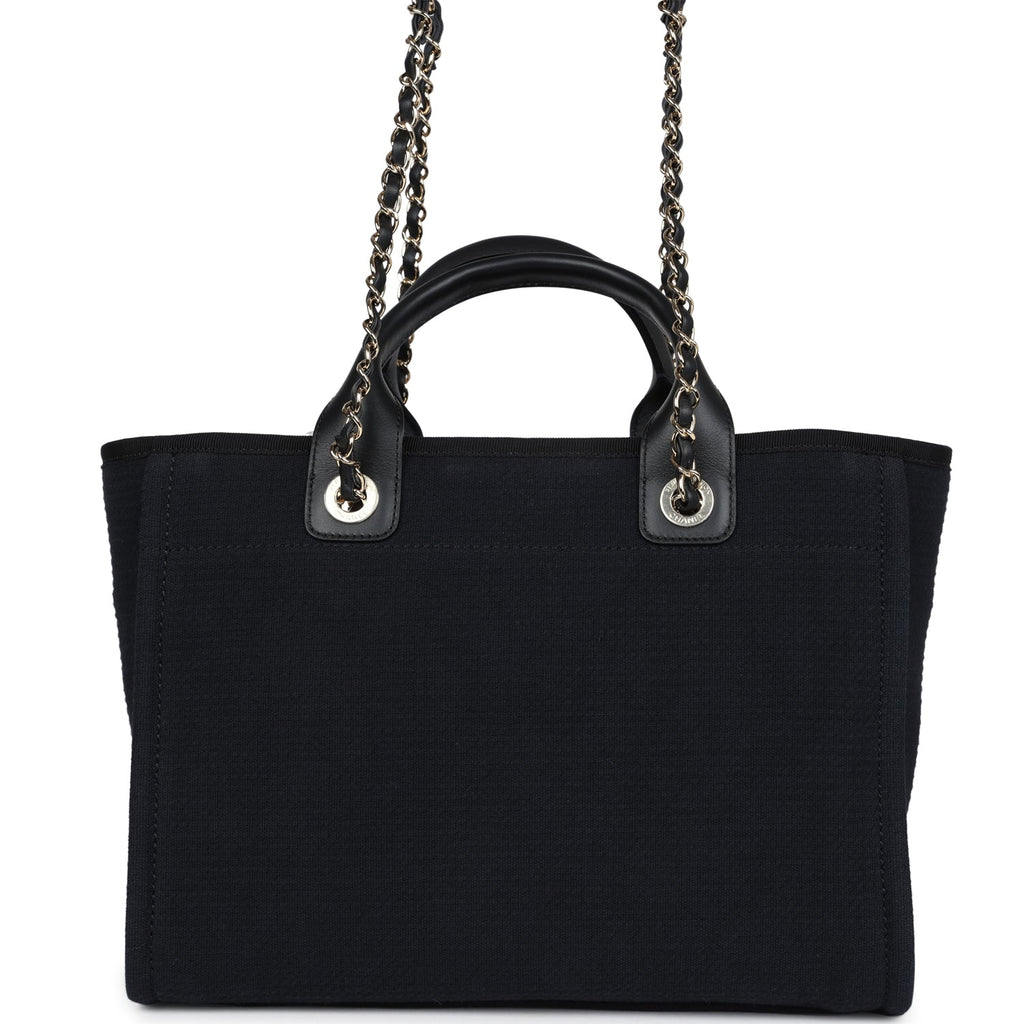 Small Deauville Shopping Tote Black Canvas Light Gold Hardware