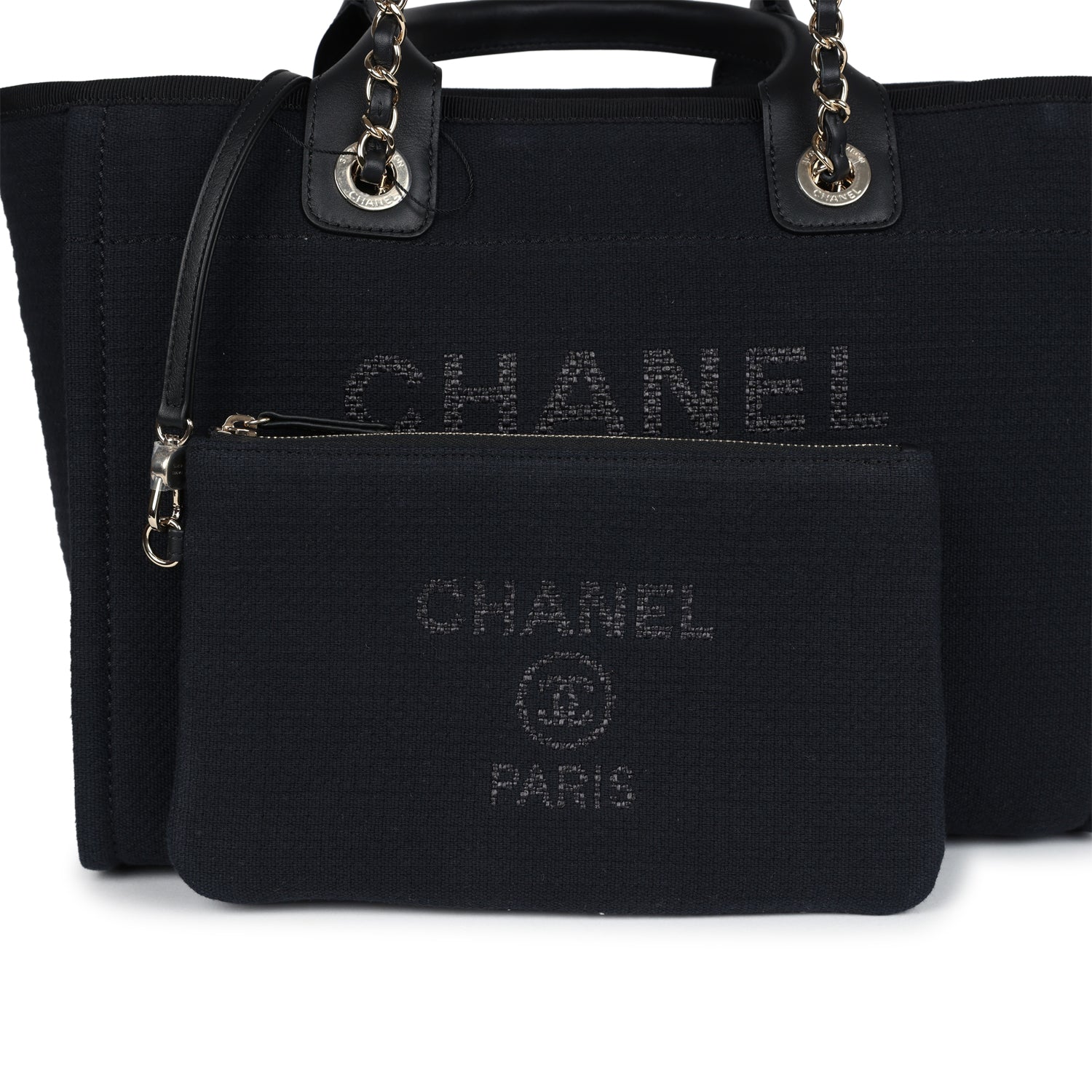 Small Deauville Shopping Tote Black Canvas Light Gold Hardware