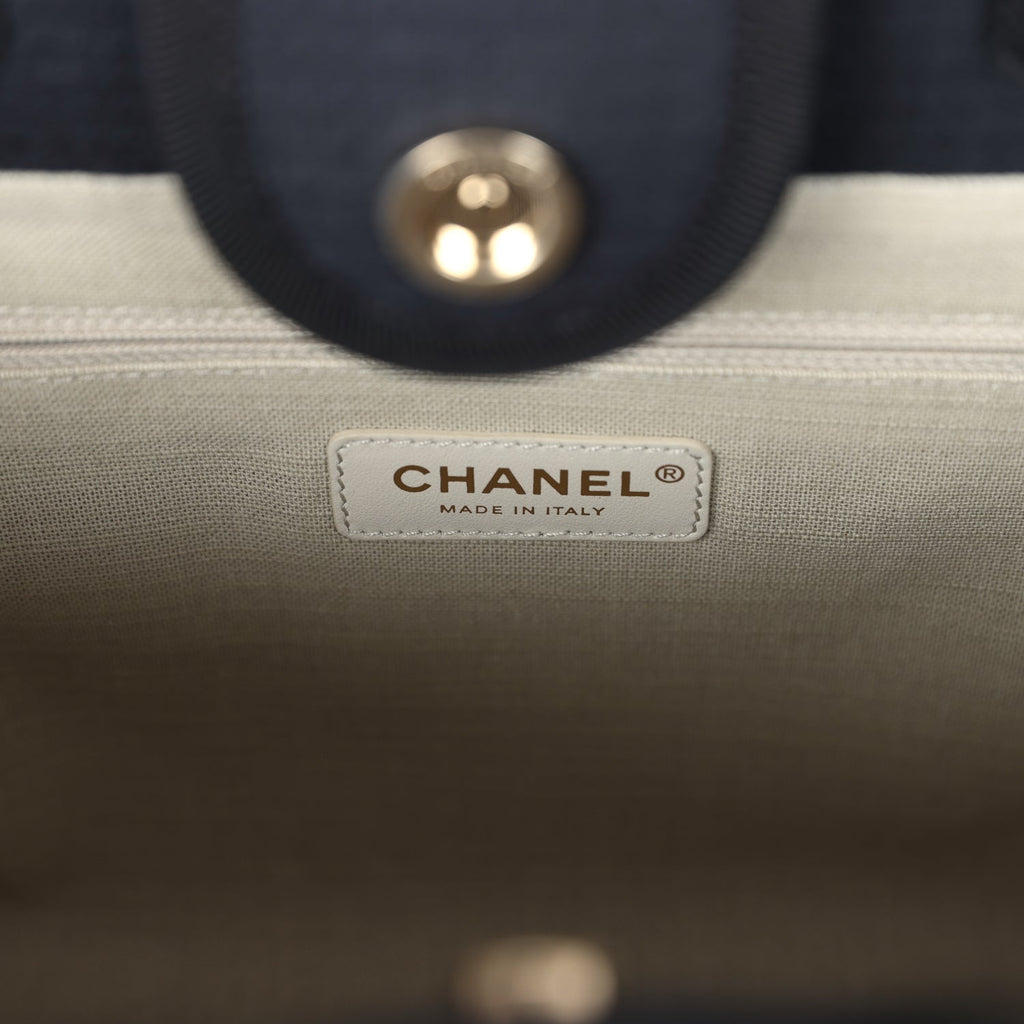 Small Deauville Shopping Tote Black Canvas Light Gold Hardware