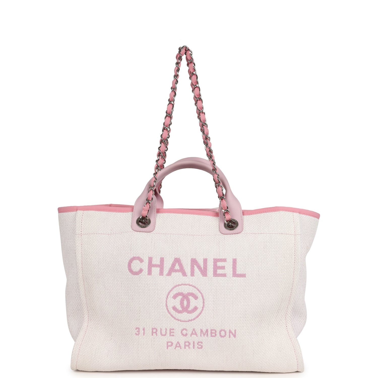 Medium Deauville Shopping Tote Light Pink Raffia and Canvas Silver Hardware