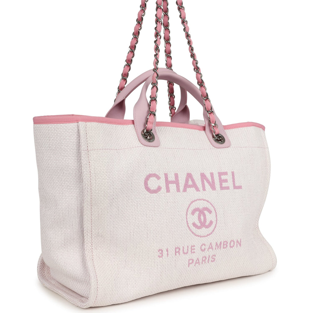Medium Deauville Shopping Tote Light Pink Raffia and Canvas Silver Hardware