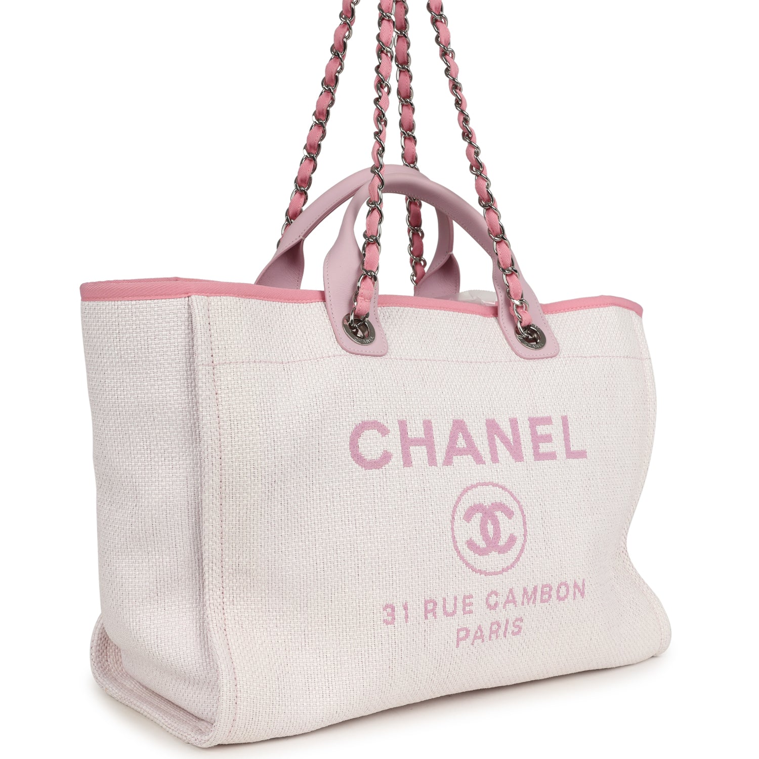 Medium Deauville Shopping Tote Light Pink Raffia and Canvas Silver Hardware