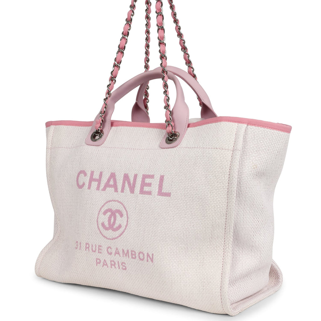 Medium Deauville Shopping Tote Light Pink Raffia and Canvas Silver Hardware