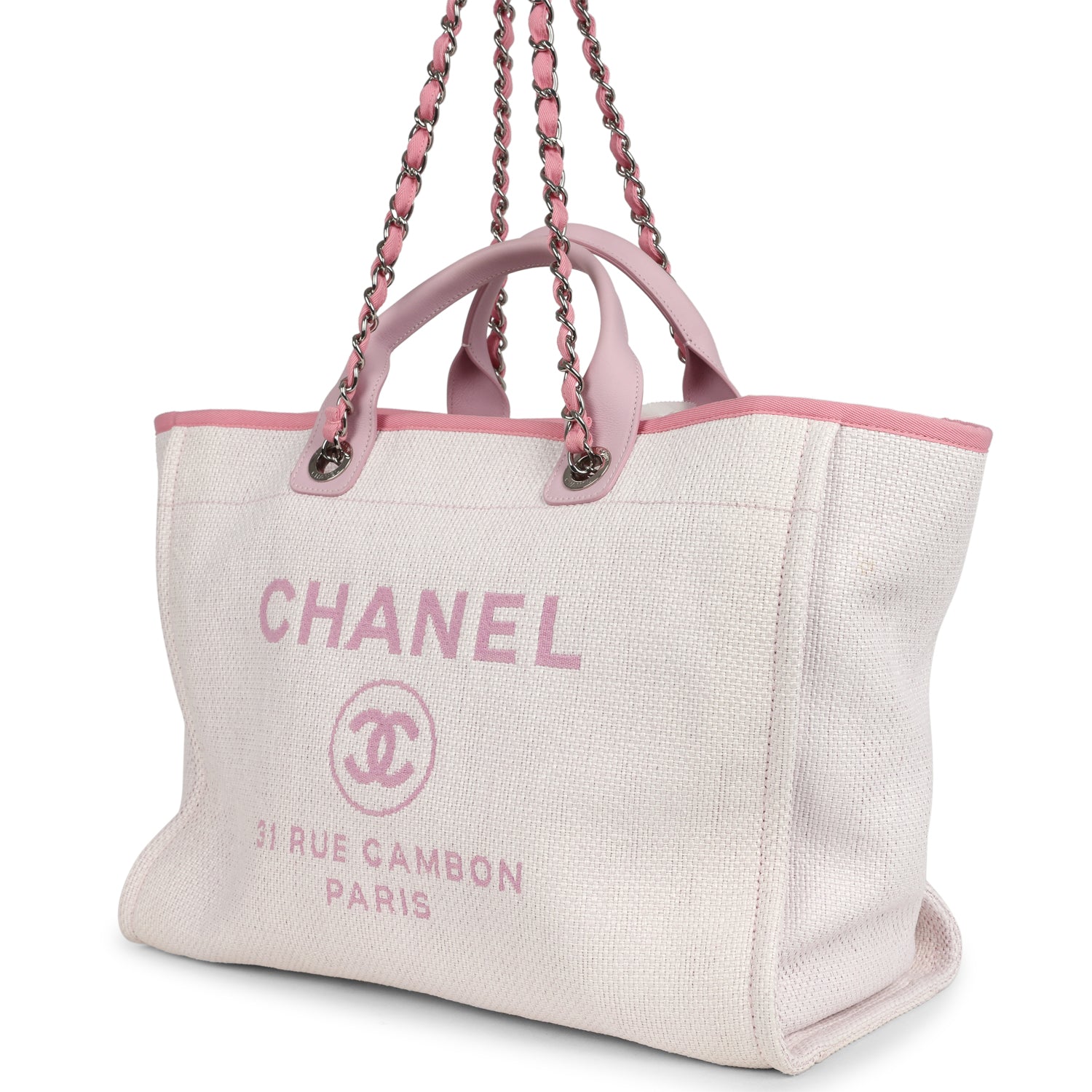 Medium Deauville Shopping Tote Light Pink Raffia and Canvas Silver Hardware