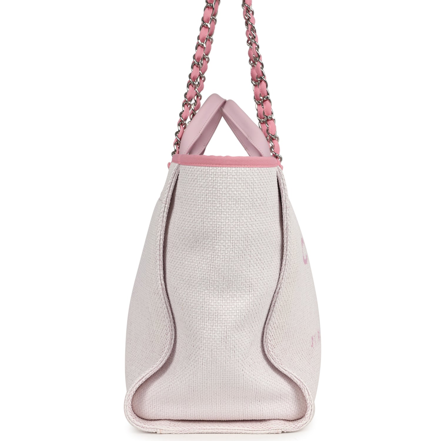 Medium Deauville Shopping Tote Light Pink Raffia and Canvas Silver Hardware