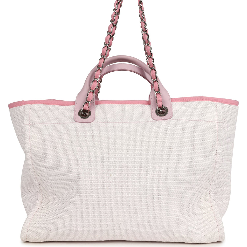 Medium Deauville Shopping Tote Light Pink Raffia and Canvas Silver Hardware