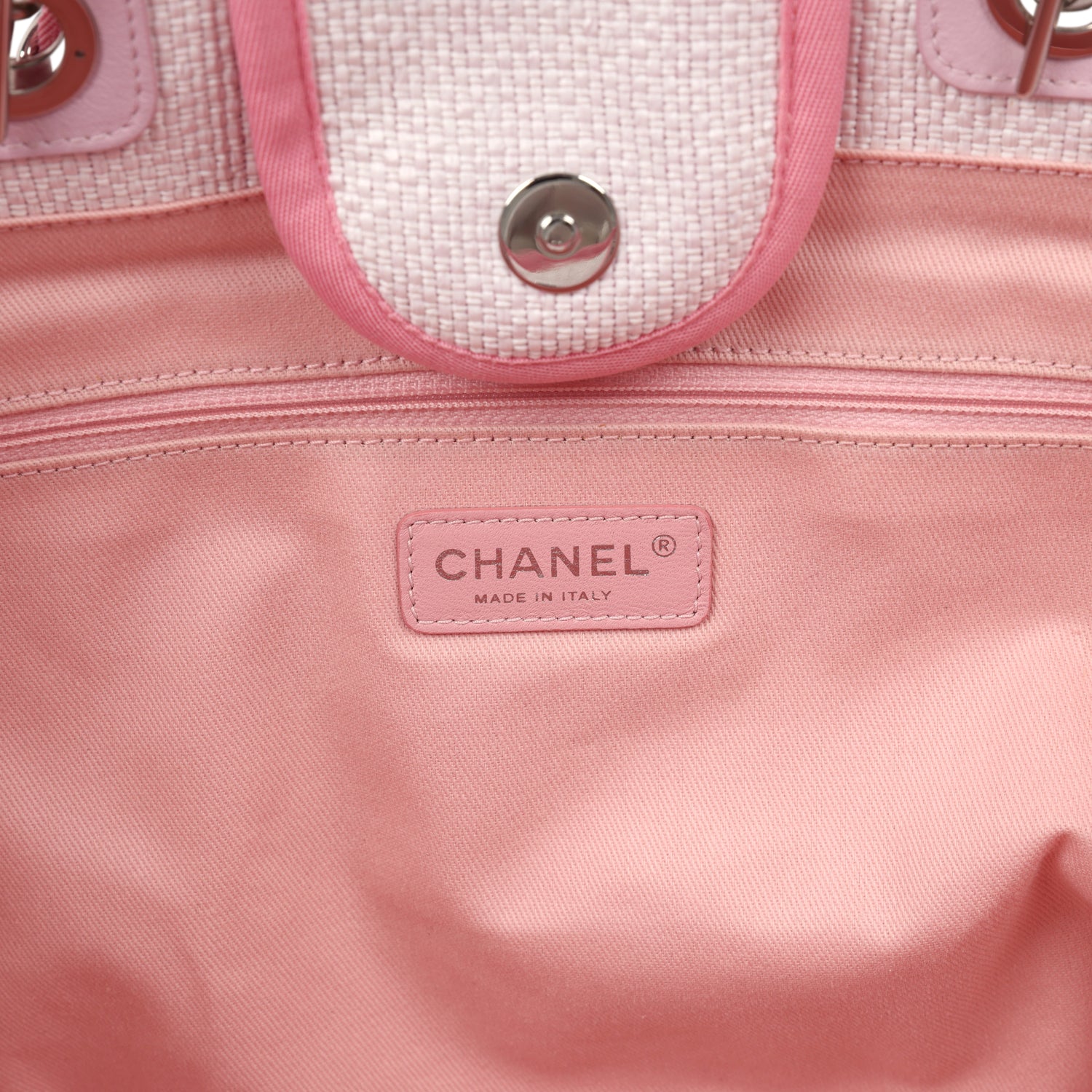 Medium Deauville Shopping Tote Light Pink Raffia and Canvas Silver Hardware