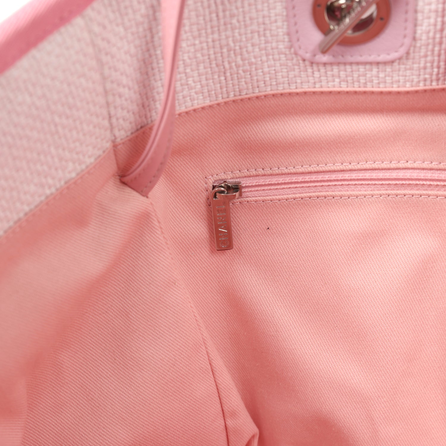 Medium Deauville Shopping Tote Light Pink Raffia and Canvas Silver Hardware