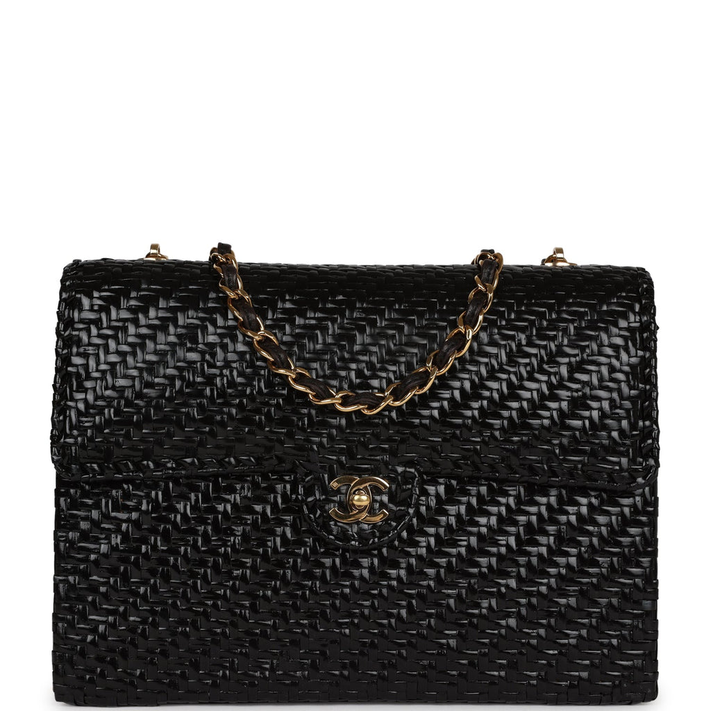 Vintage Flap Bag Black Wicker Gold Hardware