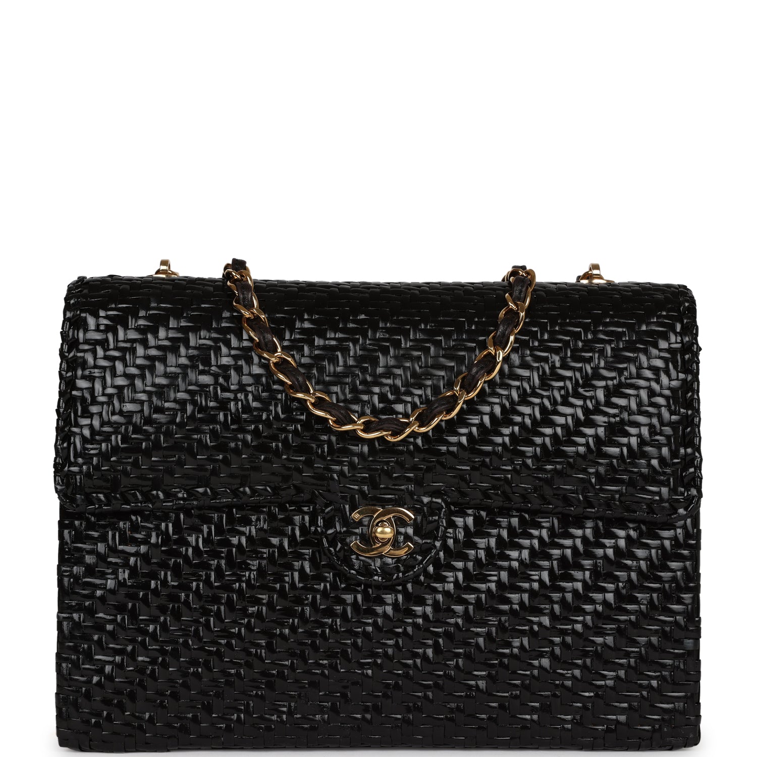 Vintage Flap Bag Black Wicker Gold Hardware