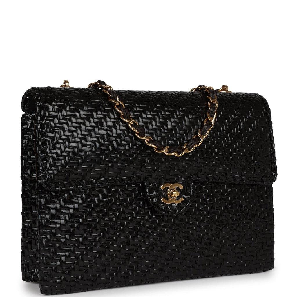 Vintage Flap Bag Black Wicker Gold Hardware