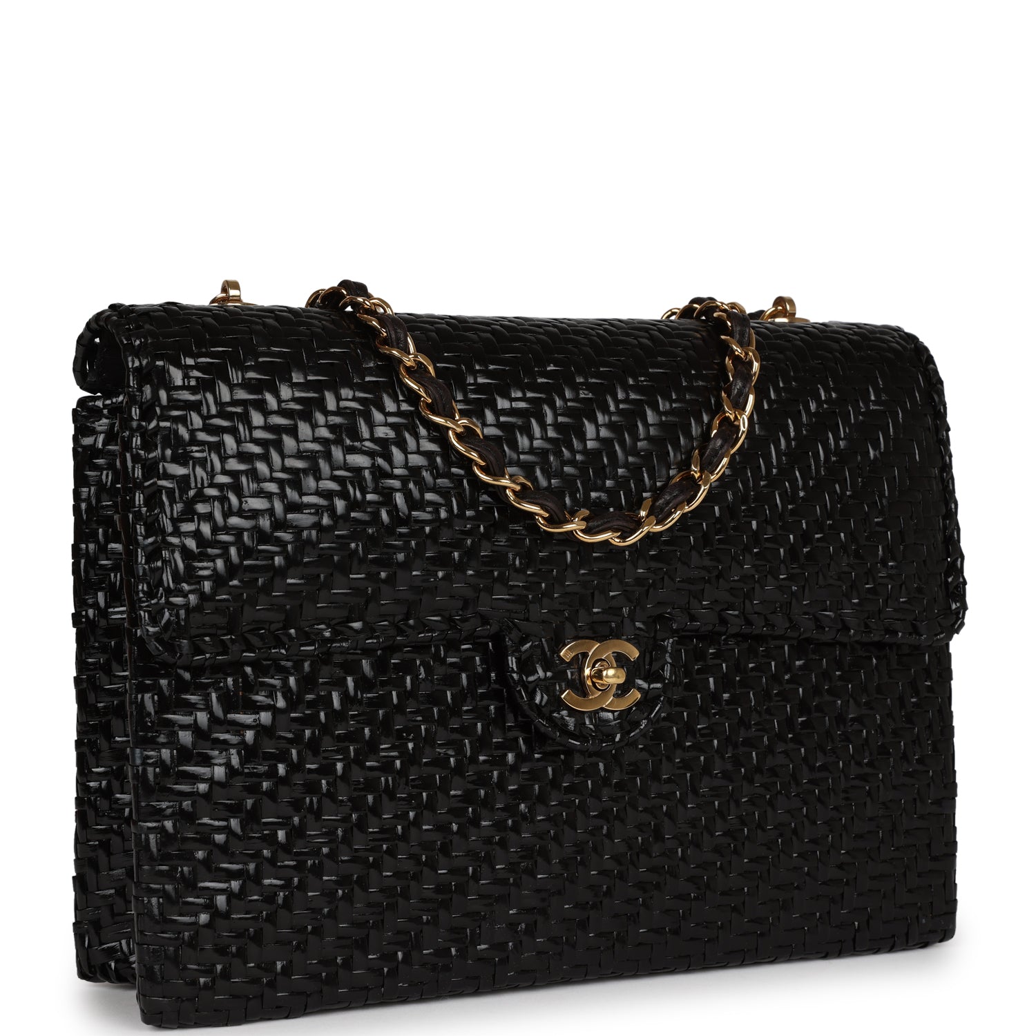 Vintage Flap Bag Black Wicker Gold Hardware