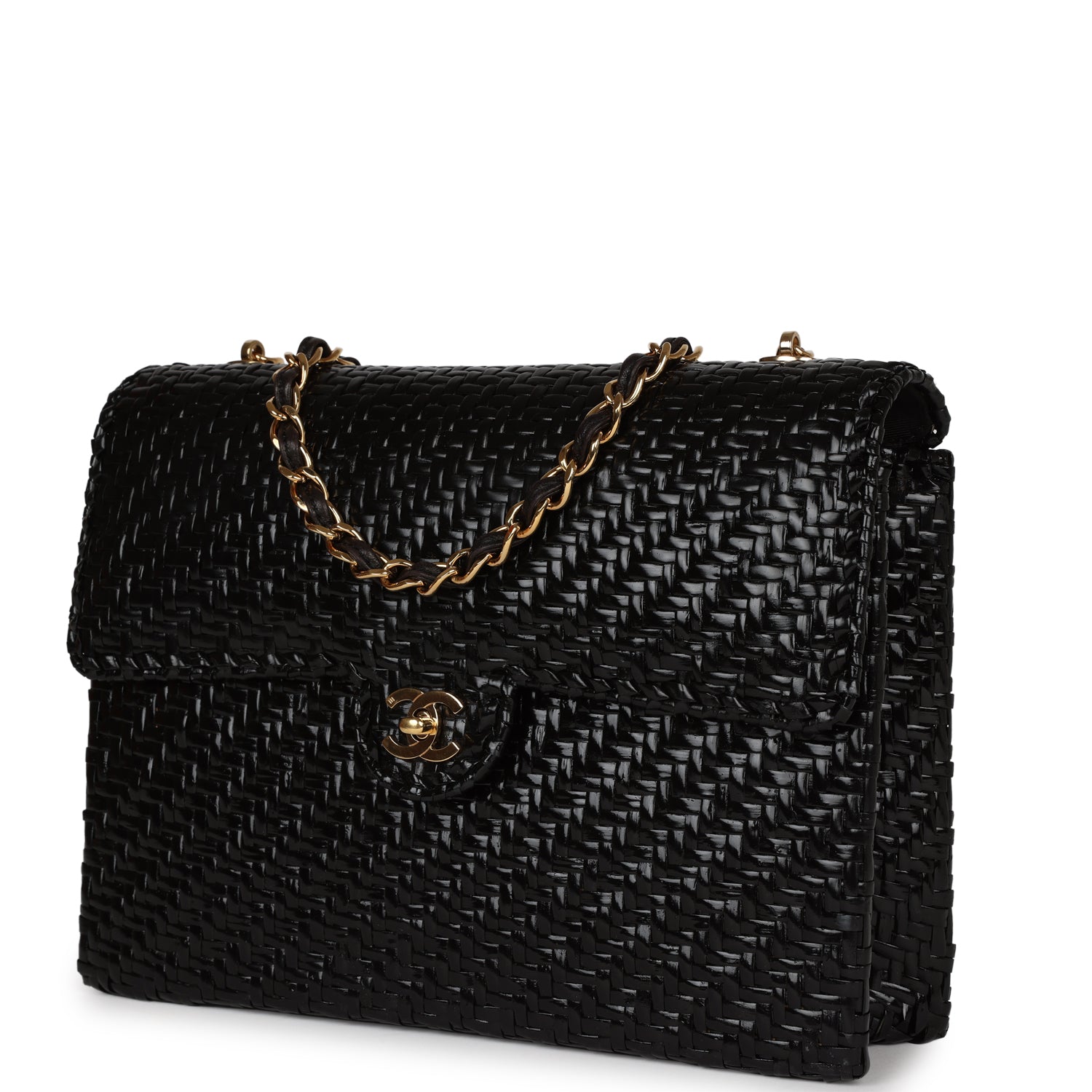 Vintage Flap Bag Black Wicker Gold Hardware