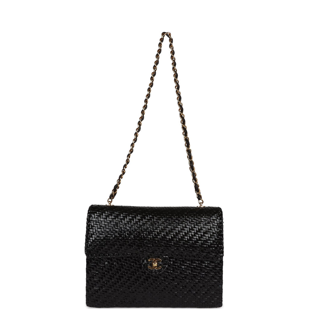 Vintage Flap Bag Black Wicker Gold Hardware