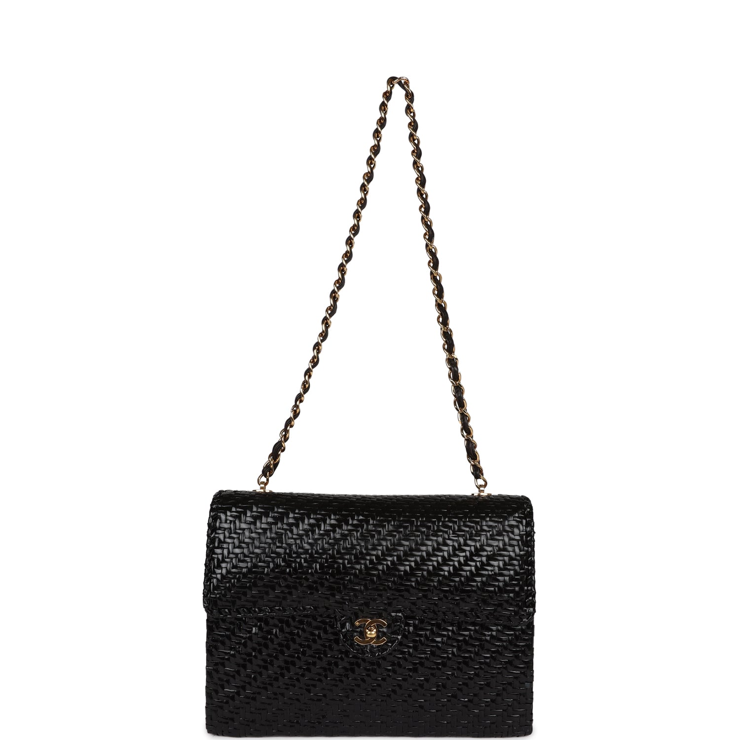 Vintage Flap Bag Black Wicker Gold Hardware