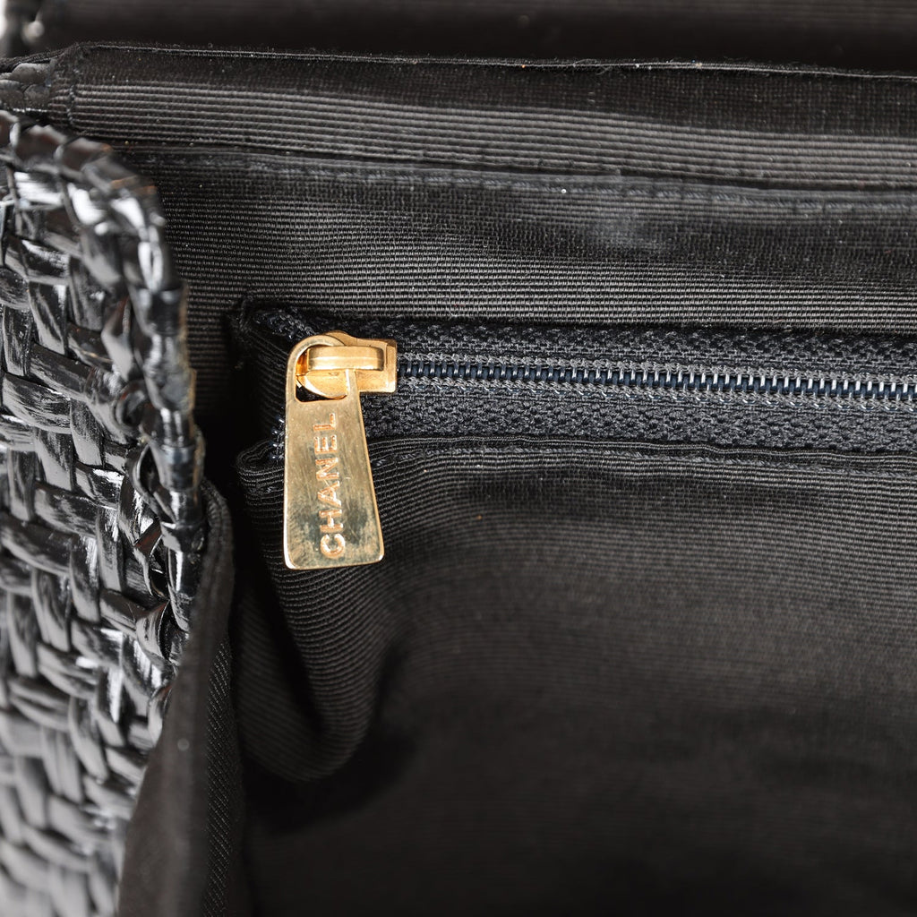 Vintage Flap Bag Black Wicker Gold Hardware