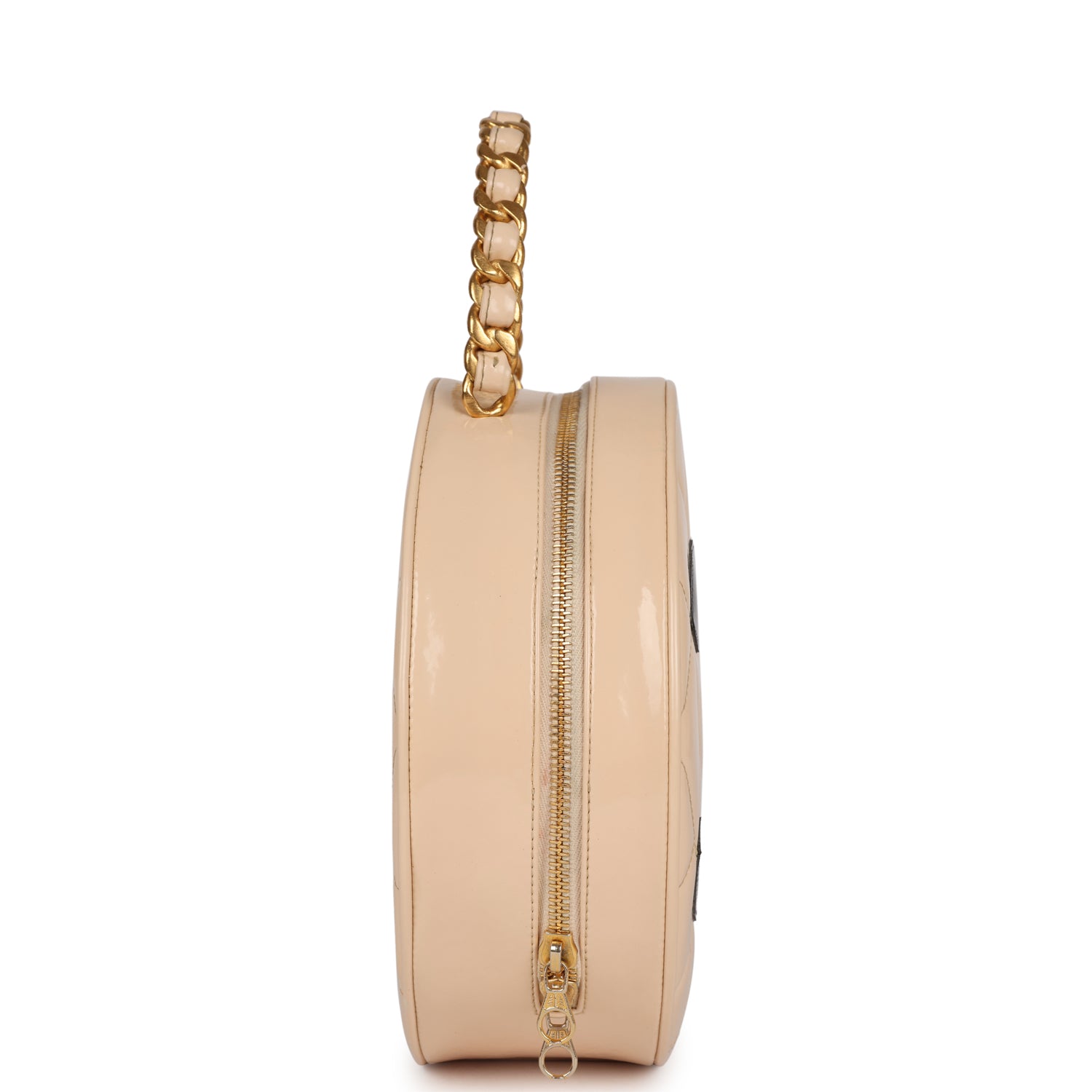 Vintage Round Vanity Bag Beige and Black Patent Leather Antique Gold Hardware
