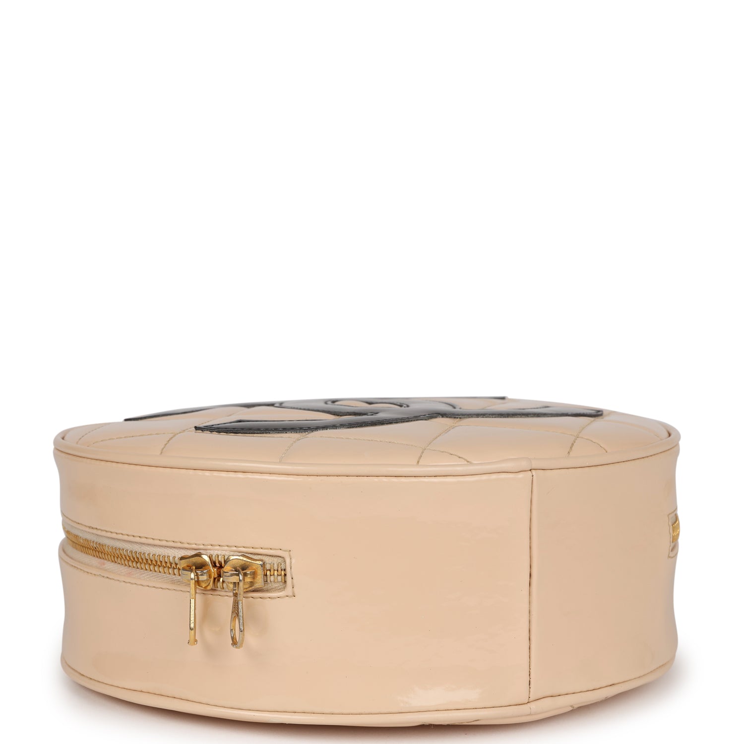 Vintage Round Vanity Bag Beige and Black Patent Leather Antique Gold Hardware