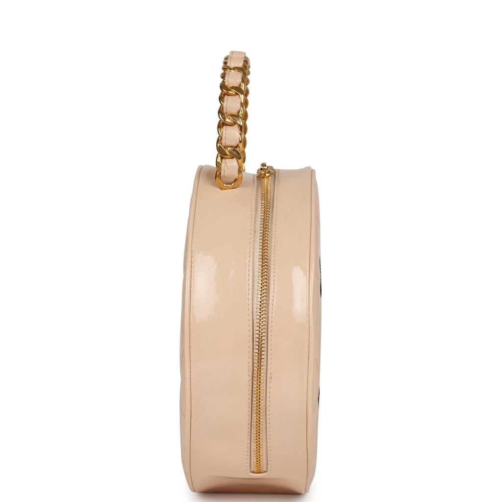 Vintage Round Vanity Bag Beige and Black Patent Leather Antique Gold Hardware