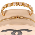 Vintage Round Vanity Bag Beige and Black Patent Leather Antique Gold Hardware