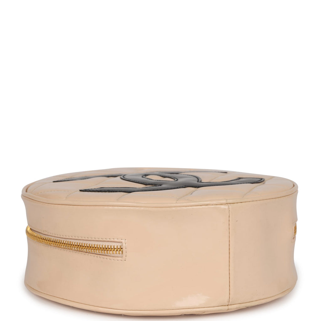 Vintage Round Vanity Bag Beige and Black Patent Leather Antique Gold Hardware