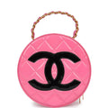 Vintage Round Vanity Bag Pink and Black Patent Leather Antique Gold Hardware
