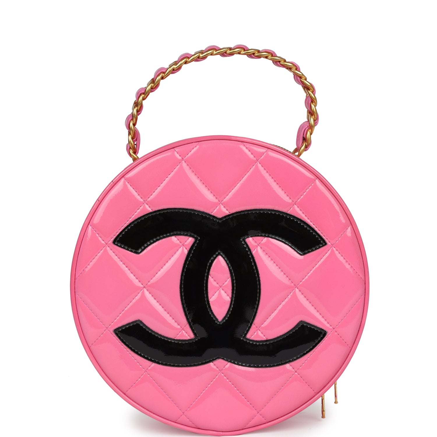 Vintage Round Vanity Bag Pink and Black Patent Leather Antique Gold Hardware
