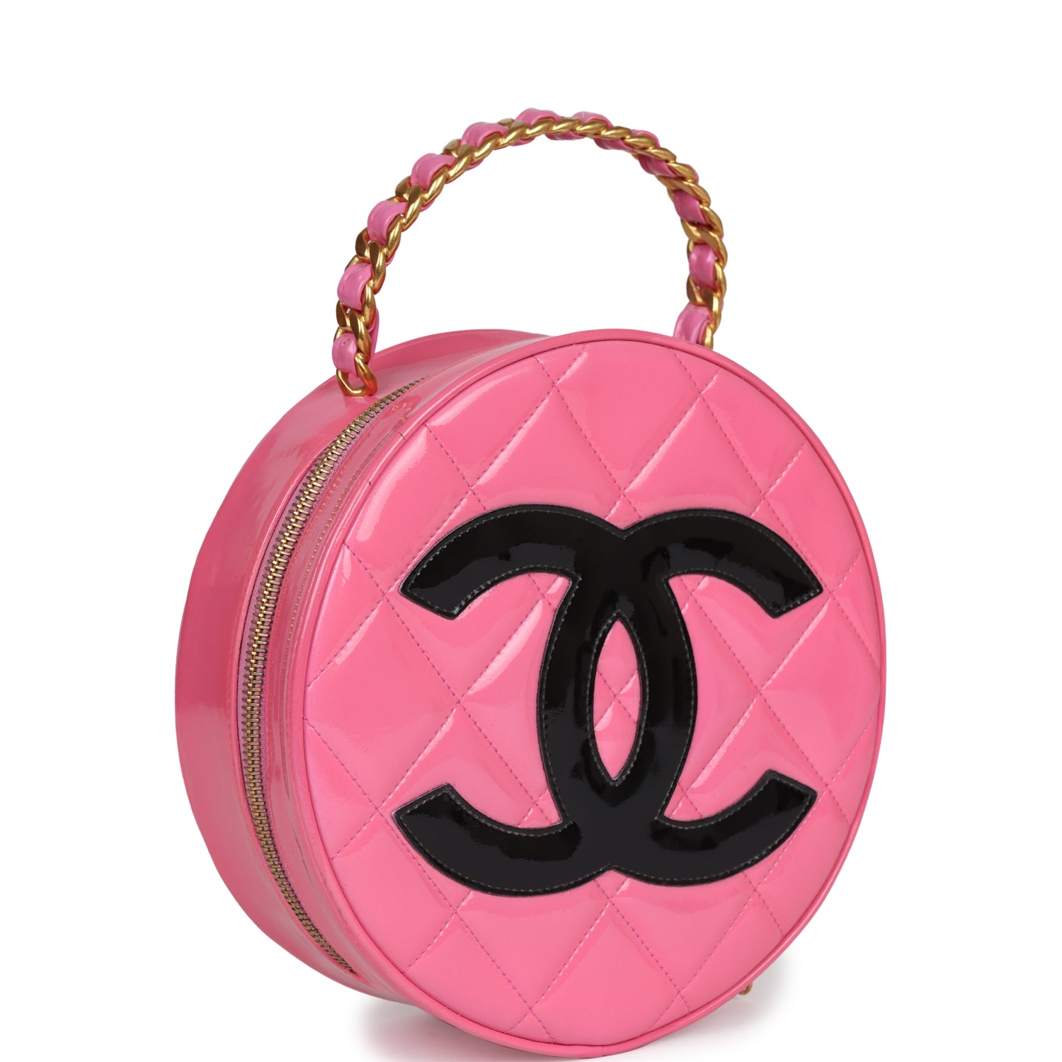 Vintage Round Vanity Bag Pink and Black Patent Leather Antique Gold Hardware