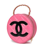 Vintage Round Vanity Bag Pink and Black Patent Leather Antique Gold Hardware