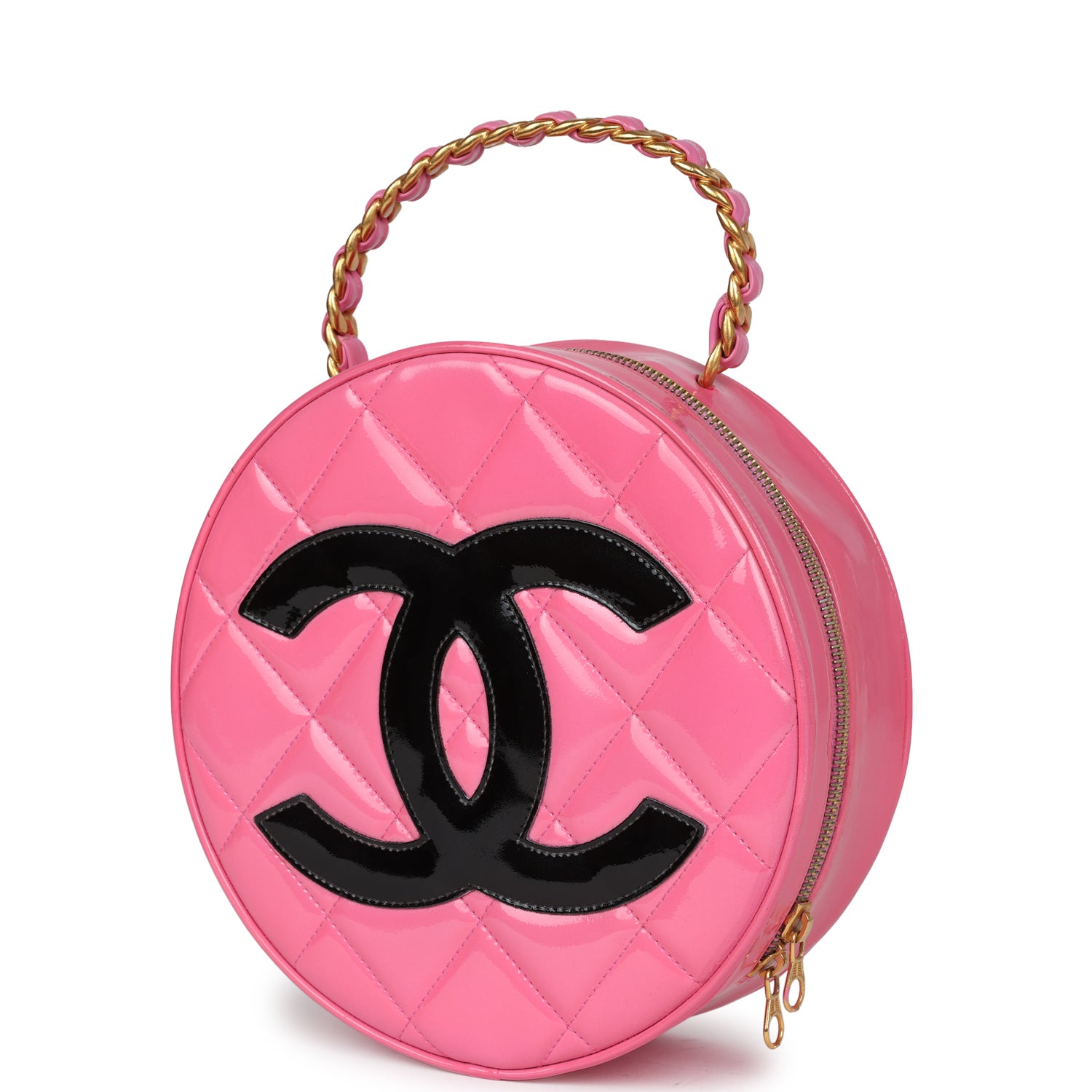 Vintage Round Vanity Bag Pink and Black Patent Leather Antique Gold Hardware