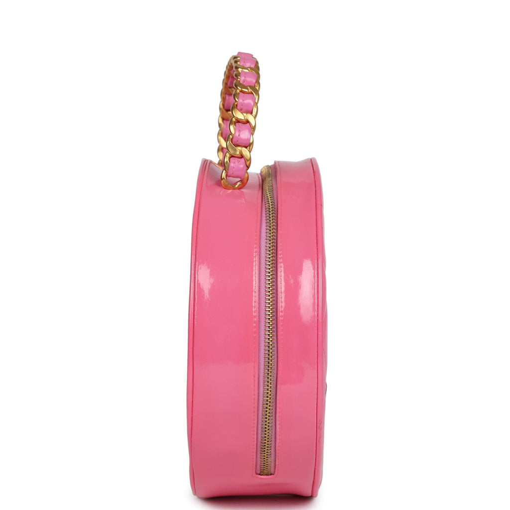 Vintage Round Vanity Bag Pink and Black Patent Leather Antique Gold Hardware