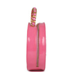 Vintage Round Vanity Bag Pink and Black Patent Leather Antique Gold Hardware