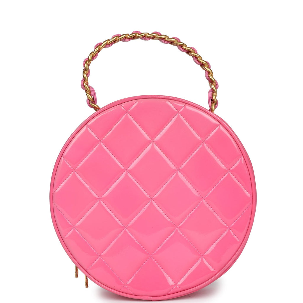 Vintage Round Vanity Bag Pink and Black Patent Leather Antique Gold Hardware