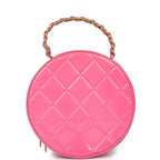 Vintage Round Vanity Bag Pink and Black Patent Leather Antique Gold Hardware