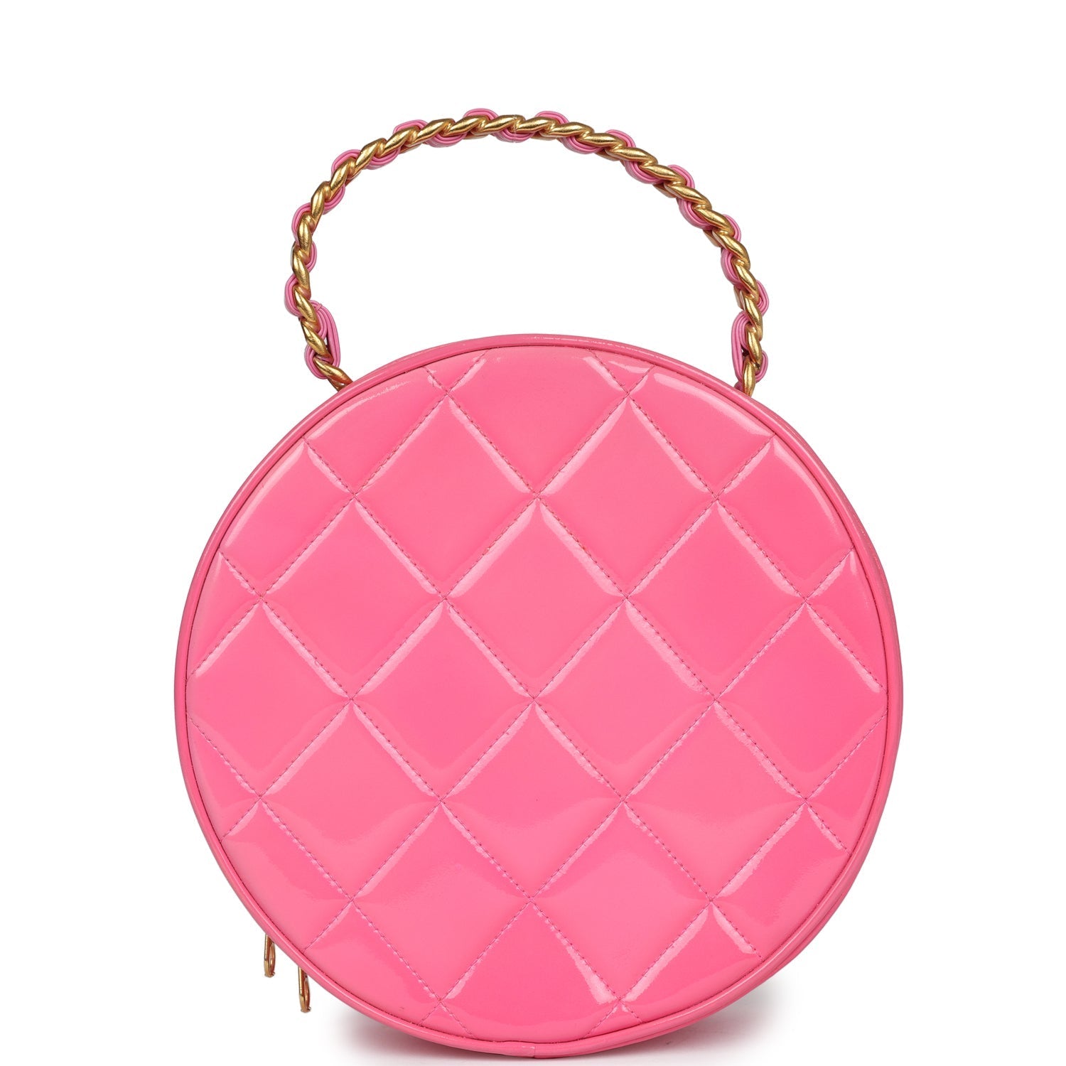Vintage Round Vanity Bag Pink and Black Patent Leather Antique Gold Hardware