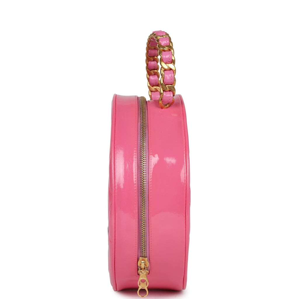 Vintage Round Vanity Bag Pink and Black Patent Leather Antique Gold Hardware