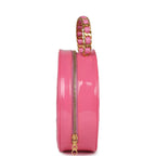 Vintage Round Vanity Bag Pink and Black Patent Leather Antique Gold Hardware